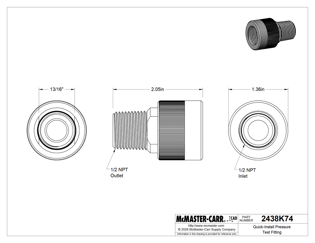 Technical Drawing of Quick-Install Pressure Test Fitting, 1/2 NPT Female Inlet x Male Outlet Adapter, Swivel.